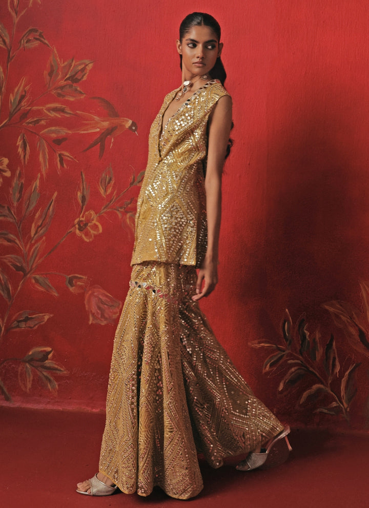 Yellow Soft Net Mirrorwork Peplum Kurta Sharara Set