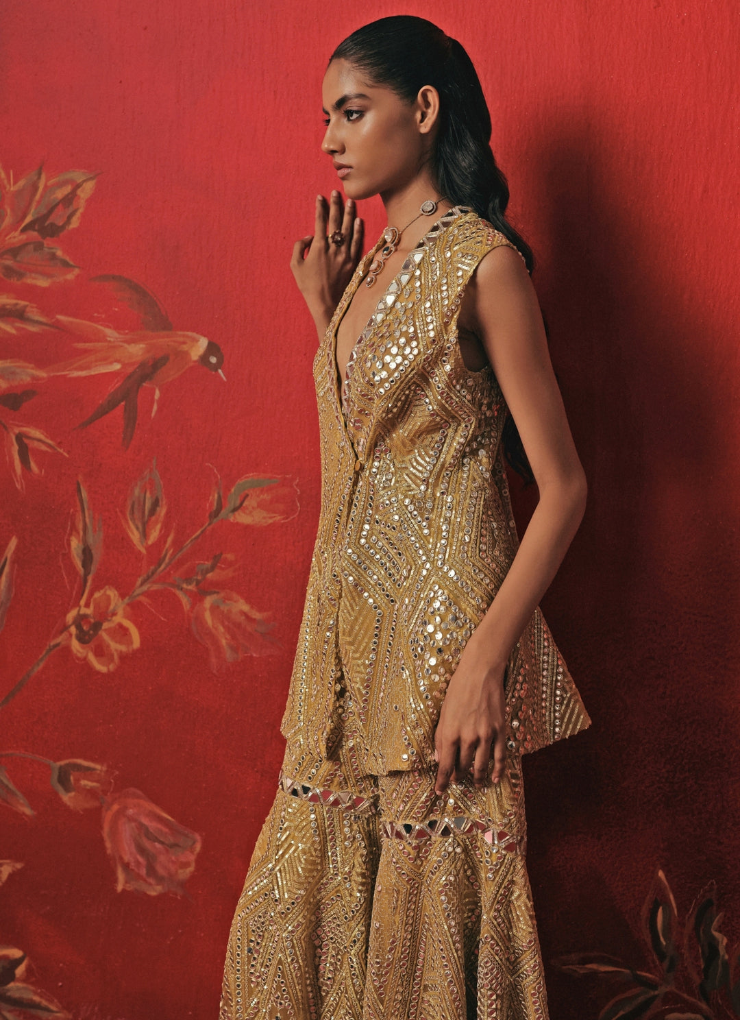 Yellow Soft Net Mirrorwork Peplum Kurta Sharara Set