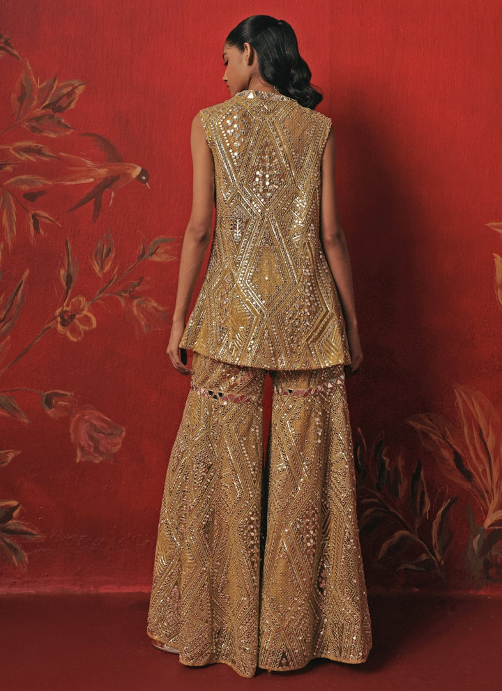 Yellow Soft Net Mirrorwork Peplum Kurta Sharara Set