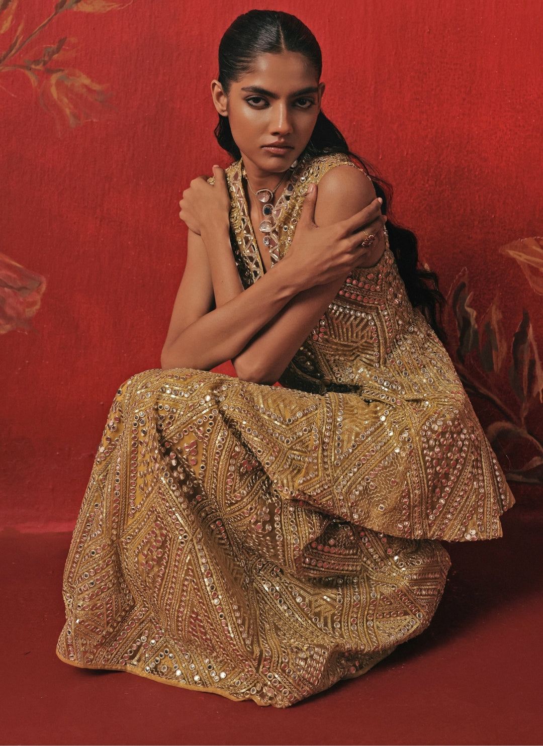 Yellow Soft Net Mirrorwork Peplum Kurta Sharara Set