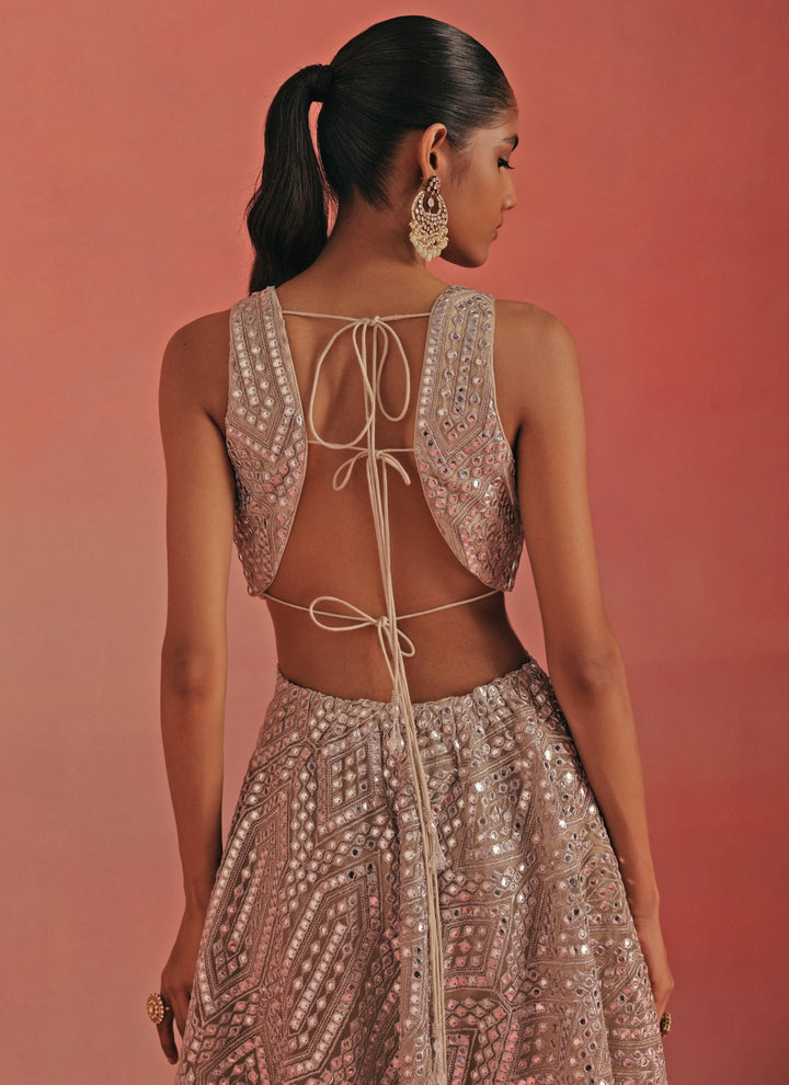 Silver Soft Net Mirrorwork Long Kurta With Sharara