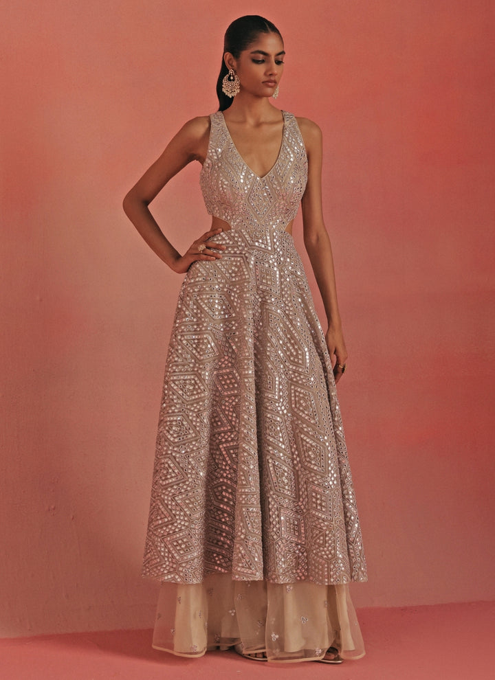 Silver Soft Net Mirrorwork Long Kurta With Sharara