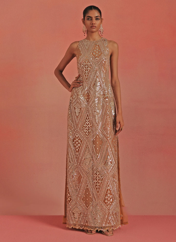 Peach Soft Net Long Dress With Flared Pants
