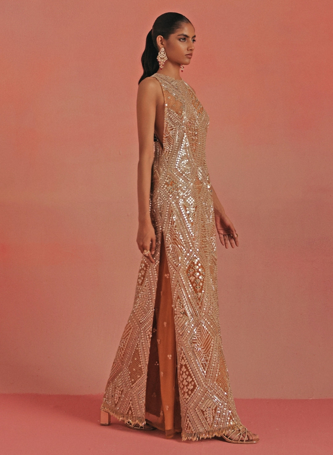 Peach Soft Net Long Dress With Flared Pants