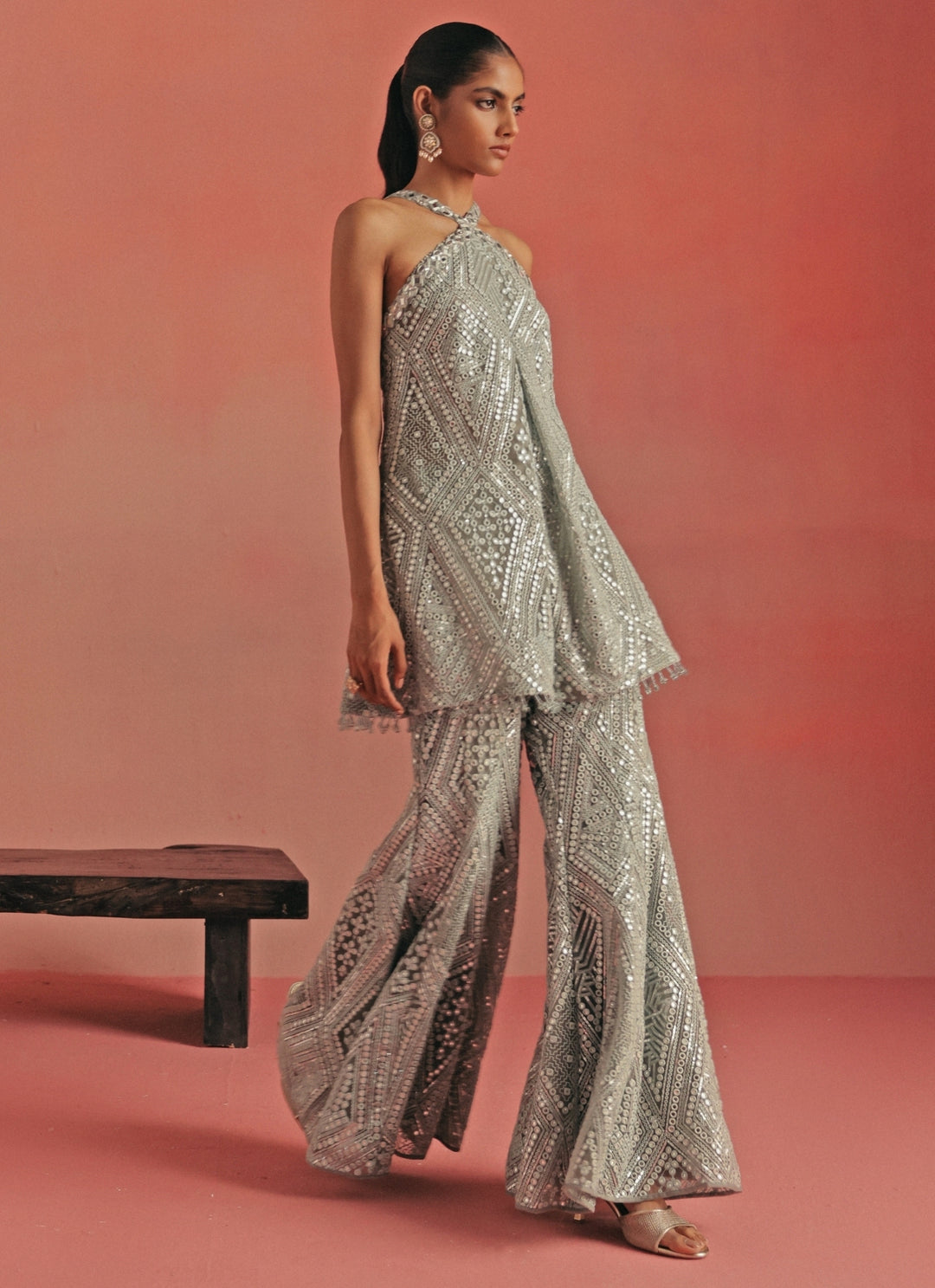 Muted Blue Soft Net Kurta Pants Set