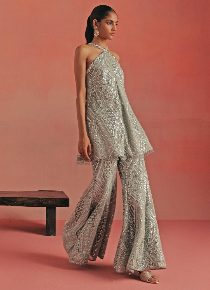 Muted Blue Soft Net Kurta Pants Set
