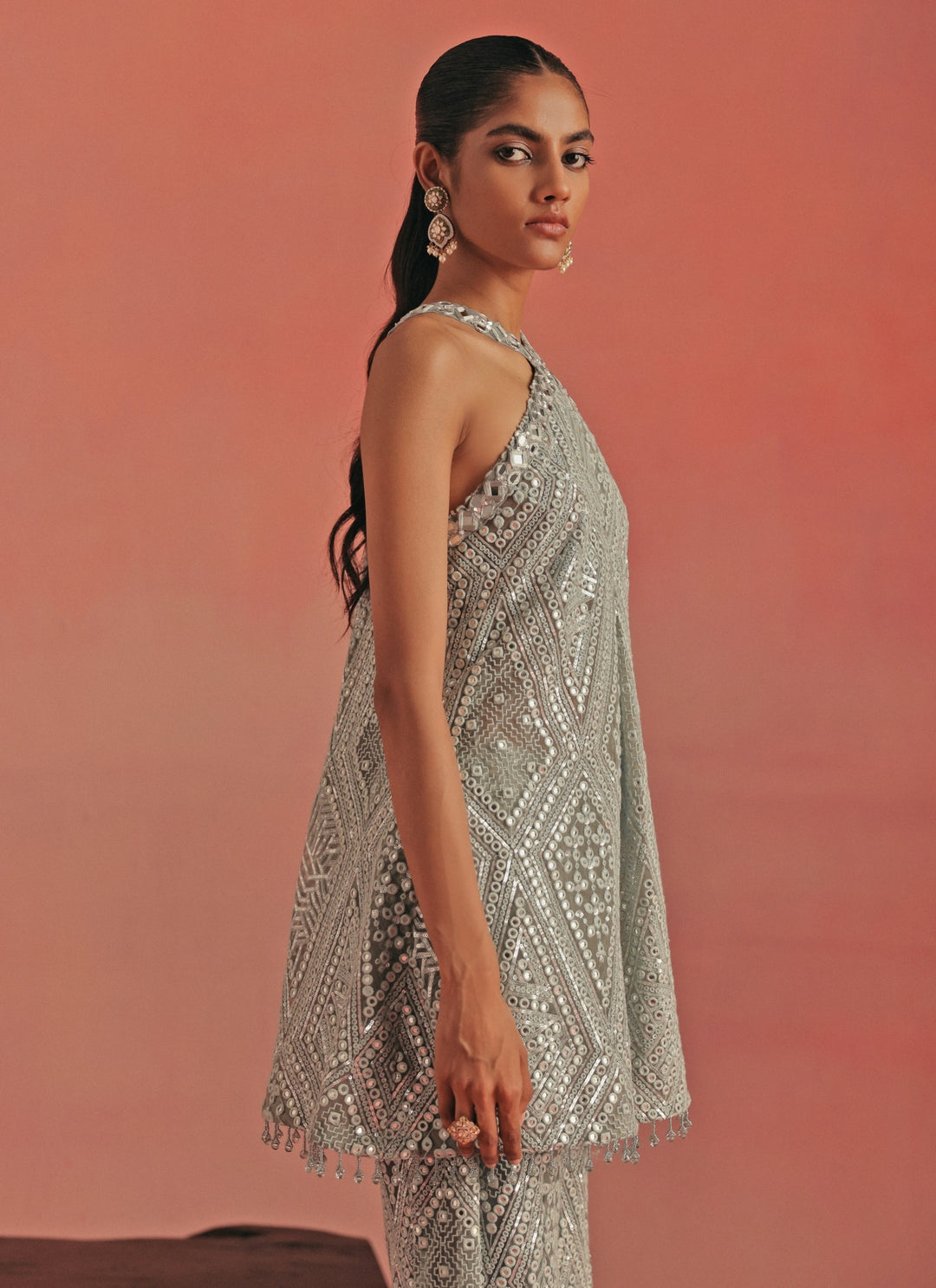 Muted Blue Soft Net Kurta Pants Set