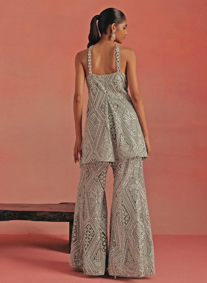 Muted Blue Soft Net Kurta Pants Set