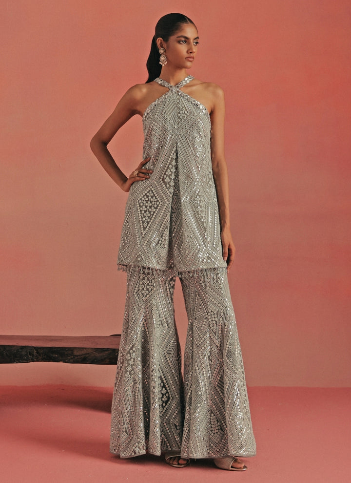 Muted Blue Soft Net Kurta Pants Set
