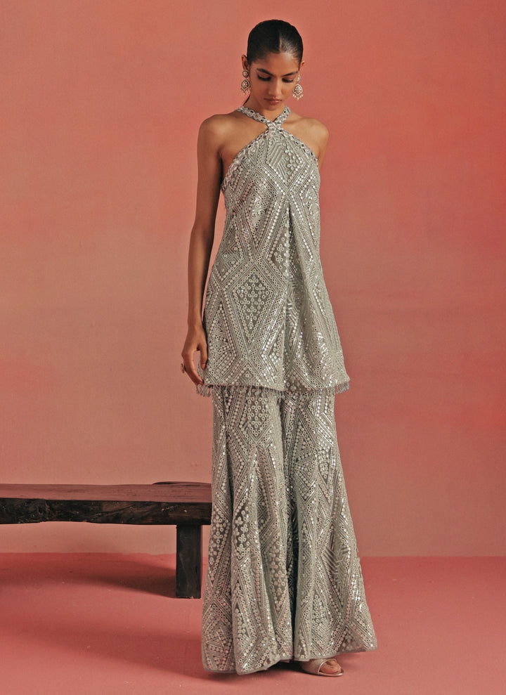 Muted Blue Soft Net Kurta Pants Set
