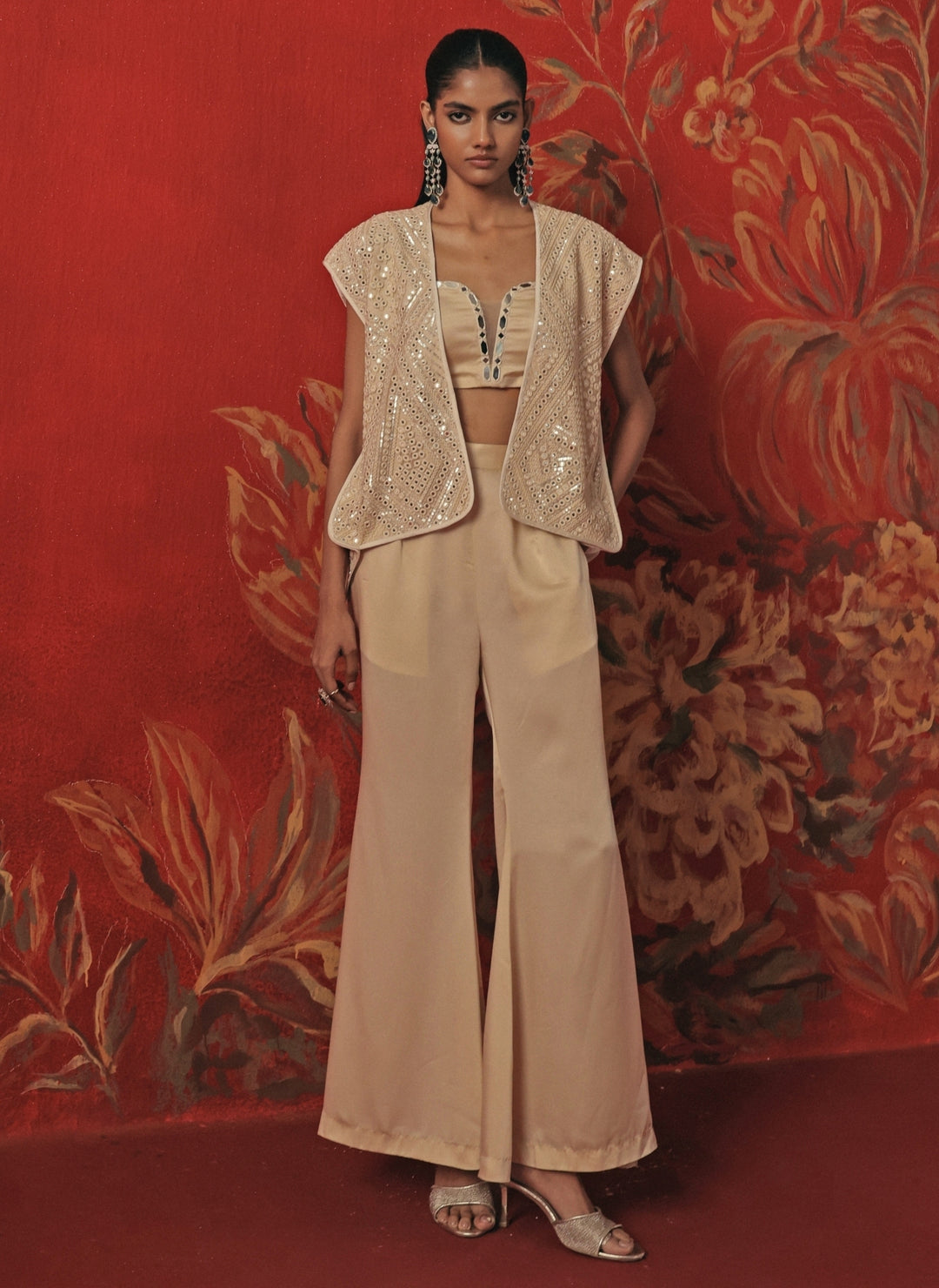 Ivory Satin Silk Flared Pants Set With Jacket