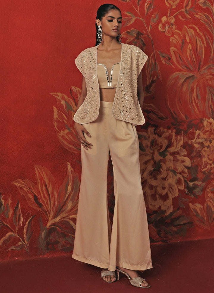 Ivory Satin Silk Flared Pants Set With Jacket