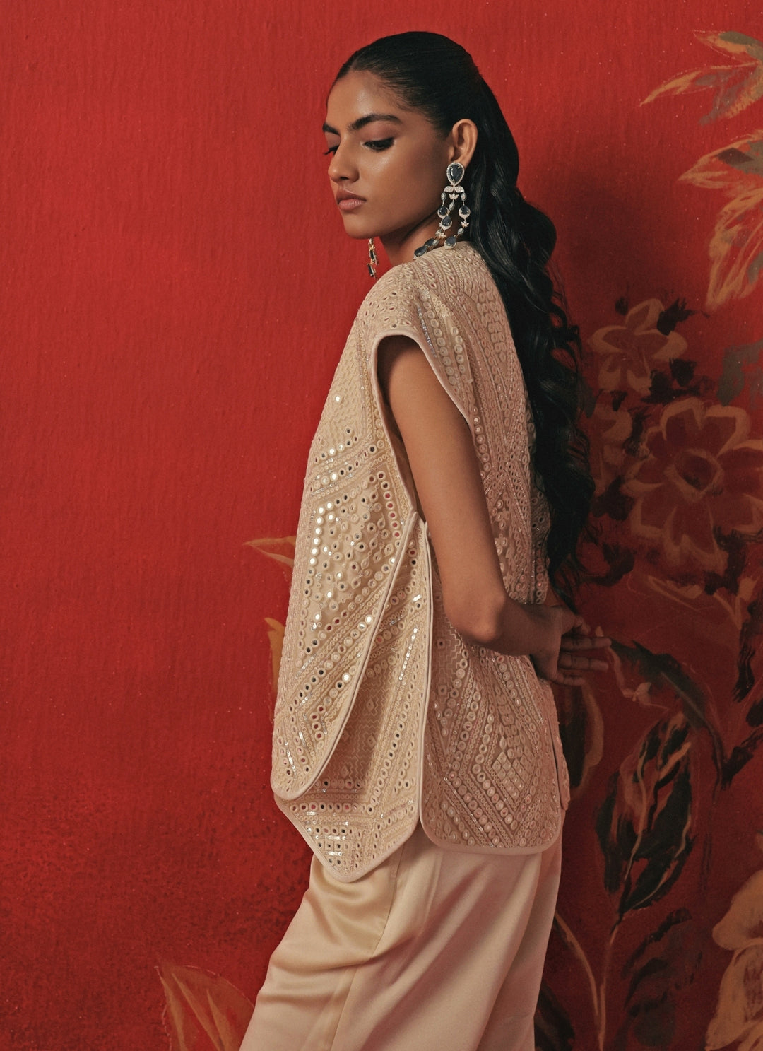 Ivory Satin Silk Flared Pants Set With Jacket