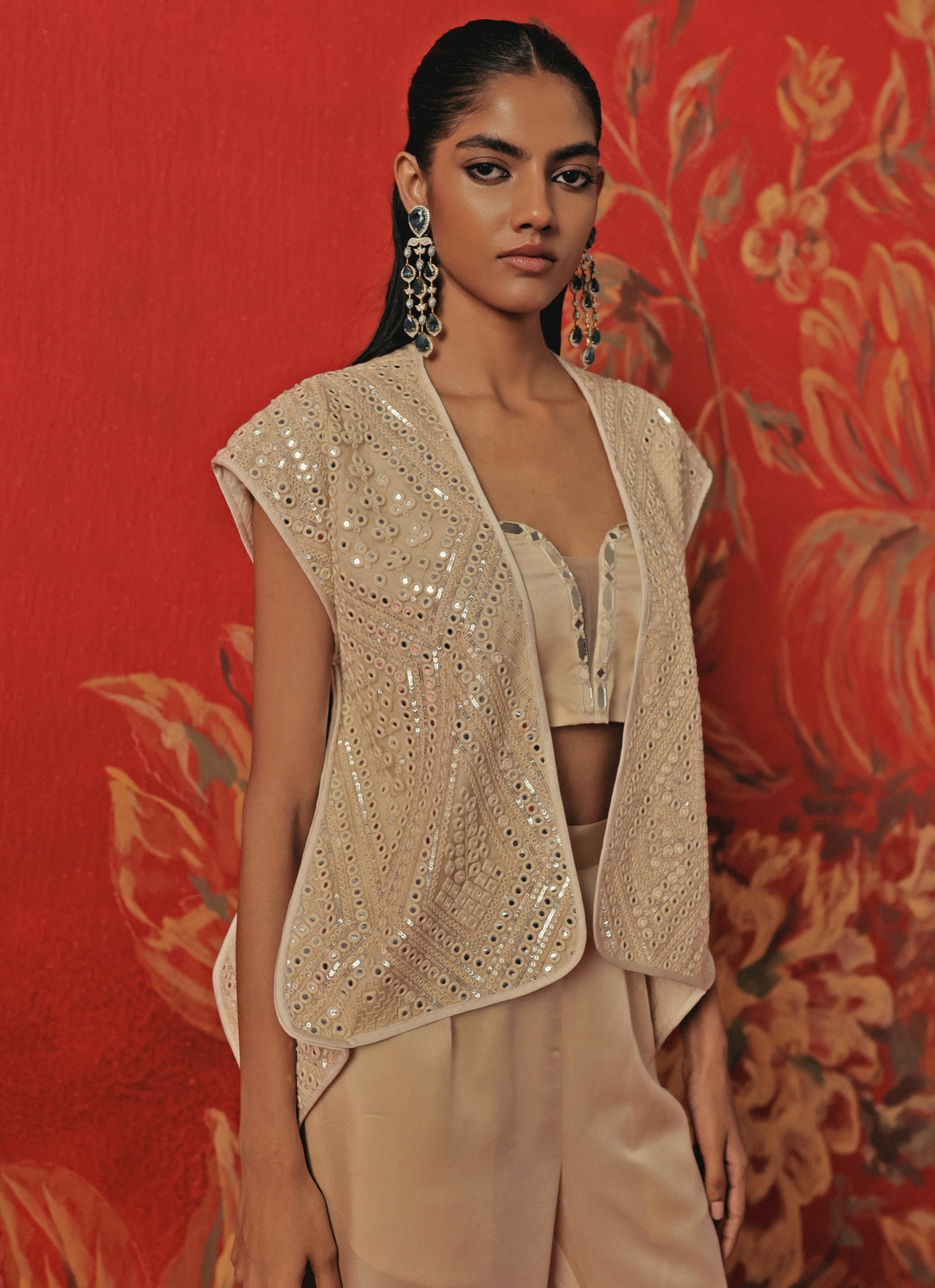 Ivory Satin Silk Flared Pants Set With Jacket