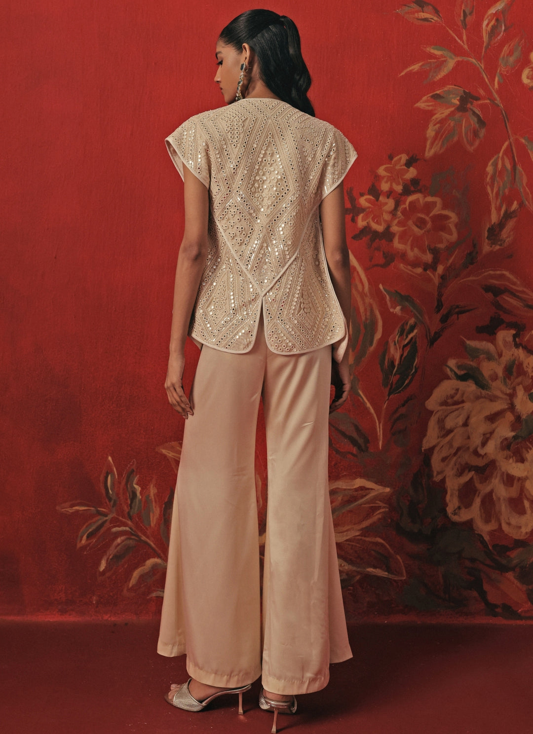 Ivory Satin Silk Flared Pants Set With Jacket