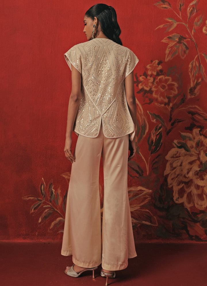 Ivory Satin Silk Flared Pants Set With Jacket