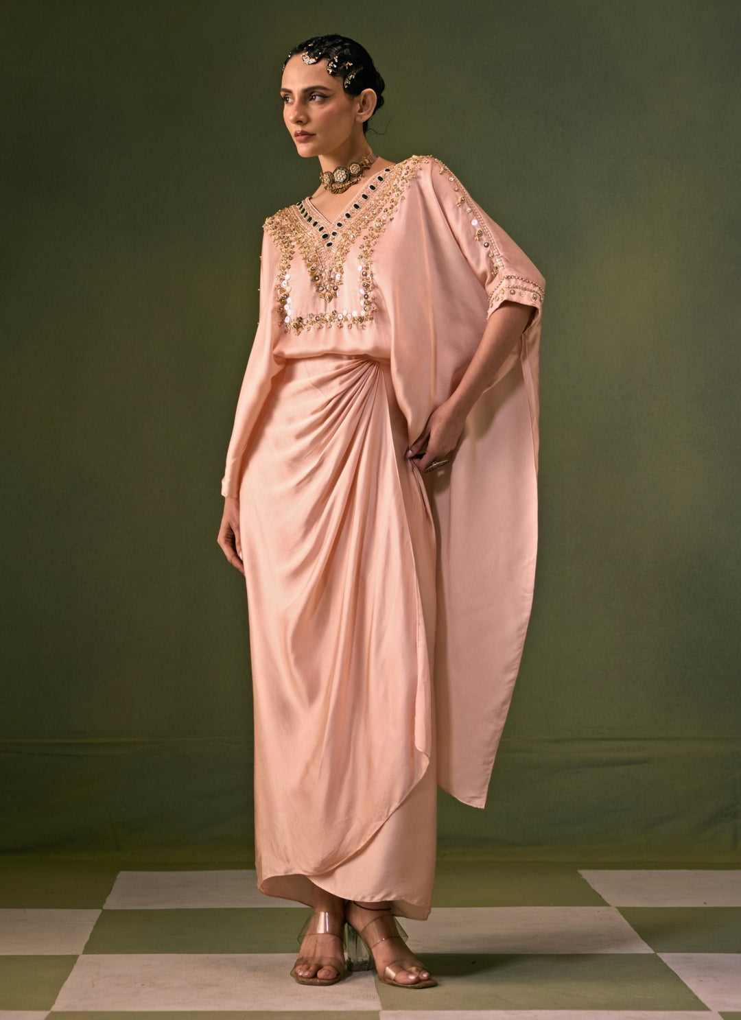 Pastel Pink Satin Drape Skirt Set
