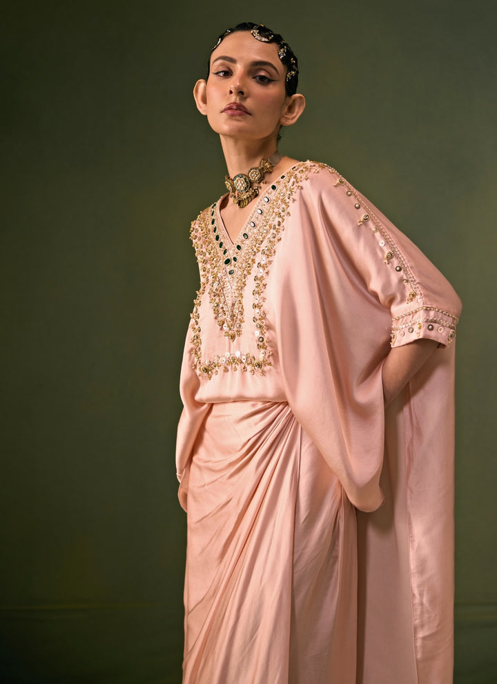 Pastel Pink Satin Drape Skirt Set