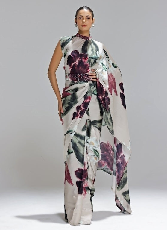 Champagne Printed Georgette Satin Pre-Draped Saree