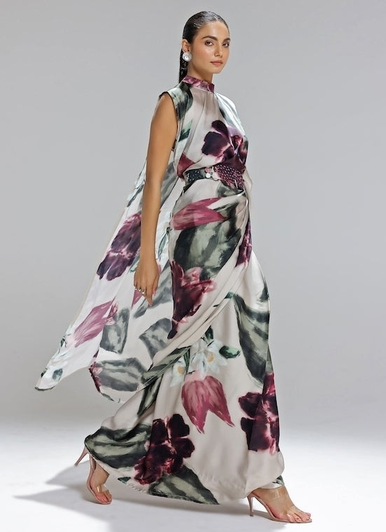 Champagne Printed Georgette Satin Pre-Draped Saree