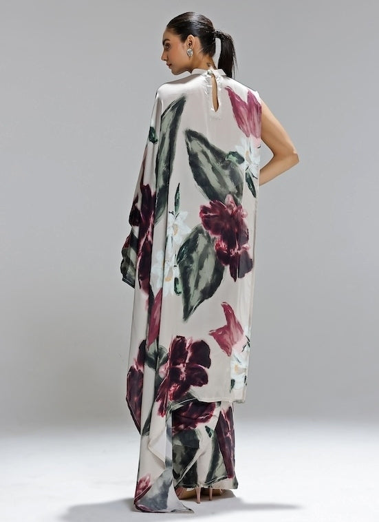 Champagne Printed Georgette Satin Pre-Draped Saree