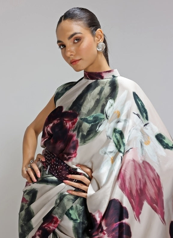 Champagne Printed Georgette Satin Pre-Draped Saree