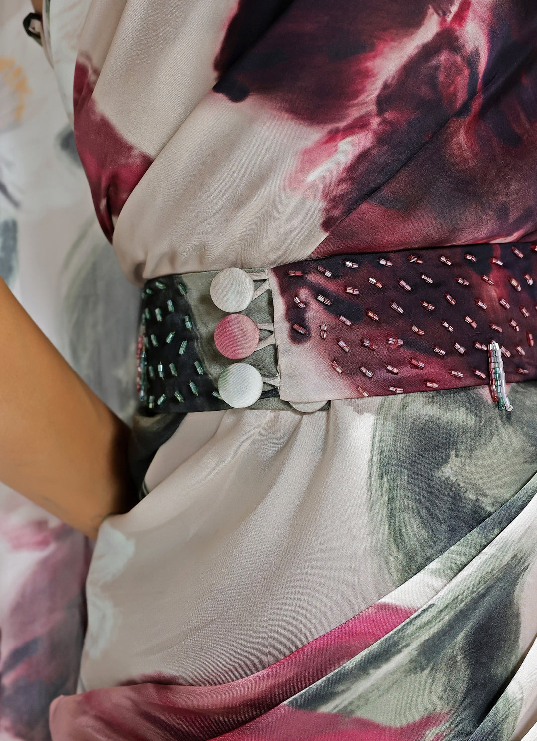 Champagne Printed Georgette Satin Pre-Draped Saree