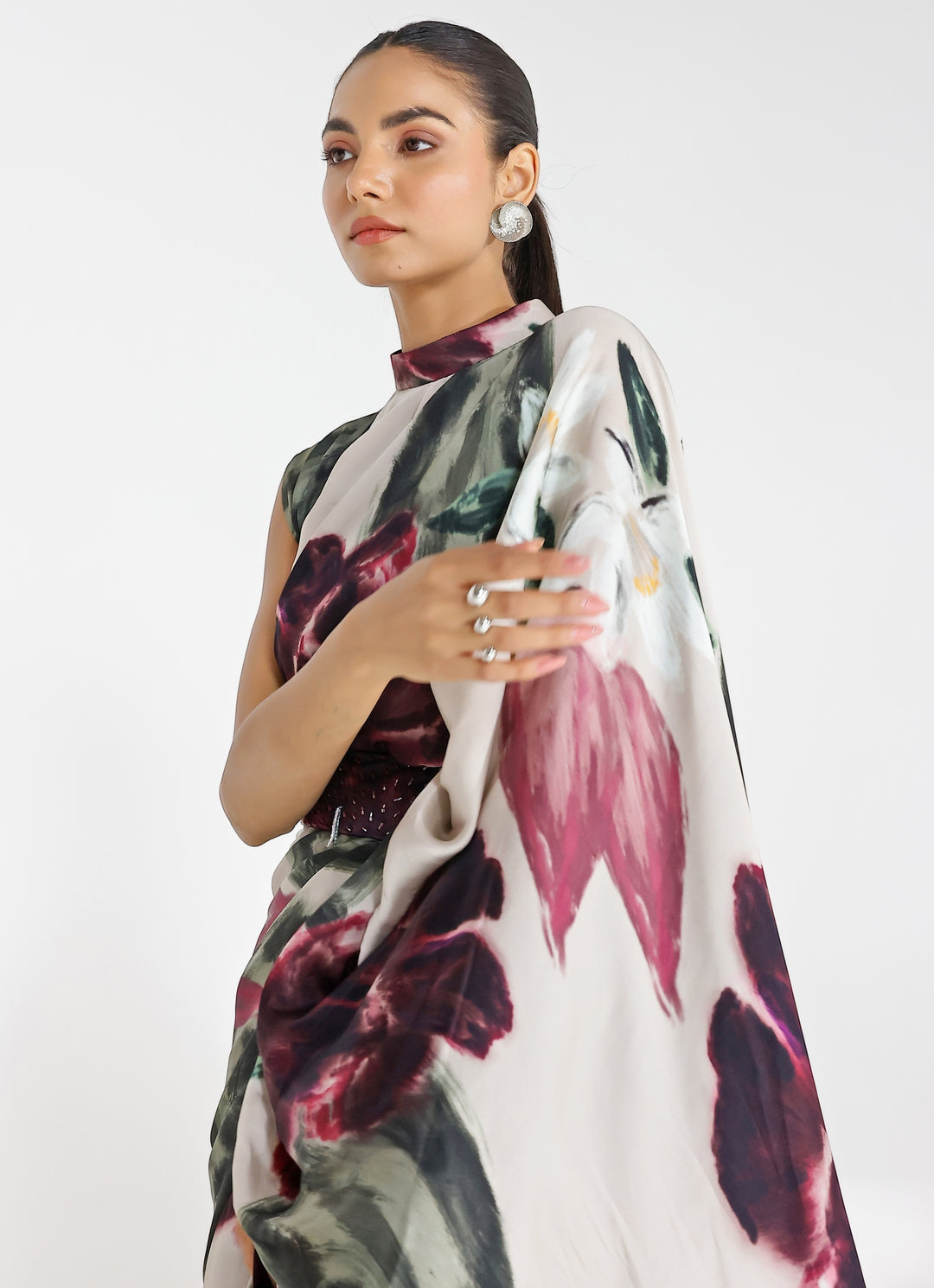 Champagne Printed Georgette Satin Pre-Draped Saree