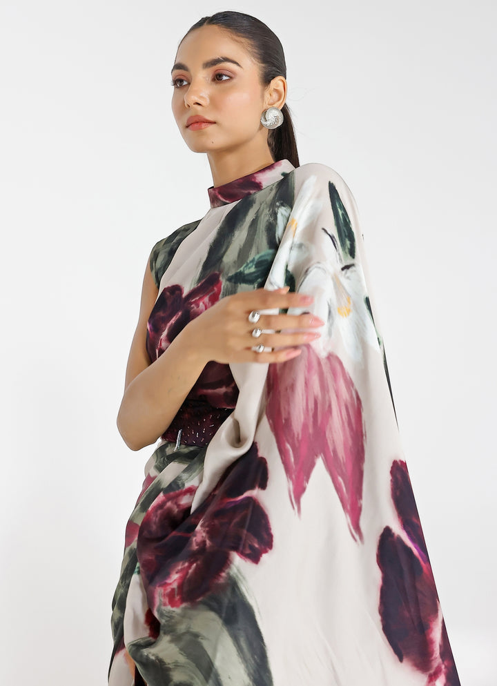 Champagne Printed Georgette Satin Pre-Draped Saree