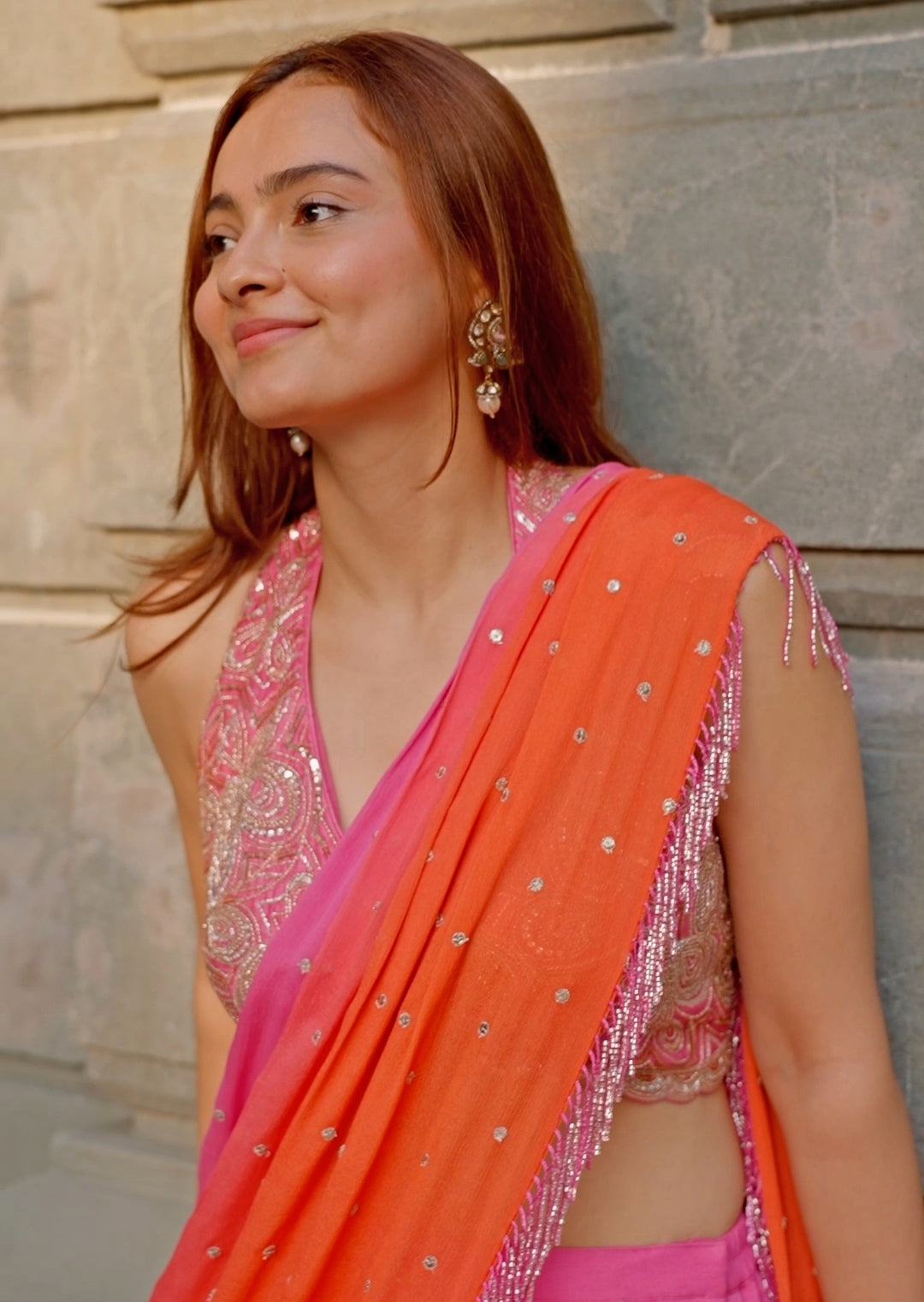 Pink and Orange Ombre Georgette Pre-Draped Saree