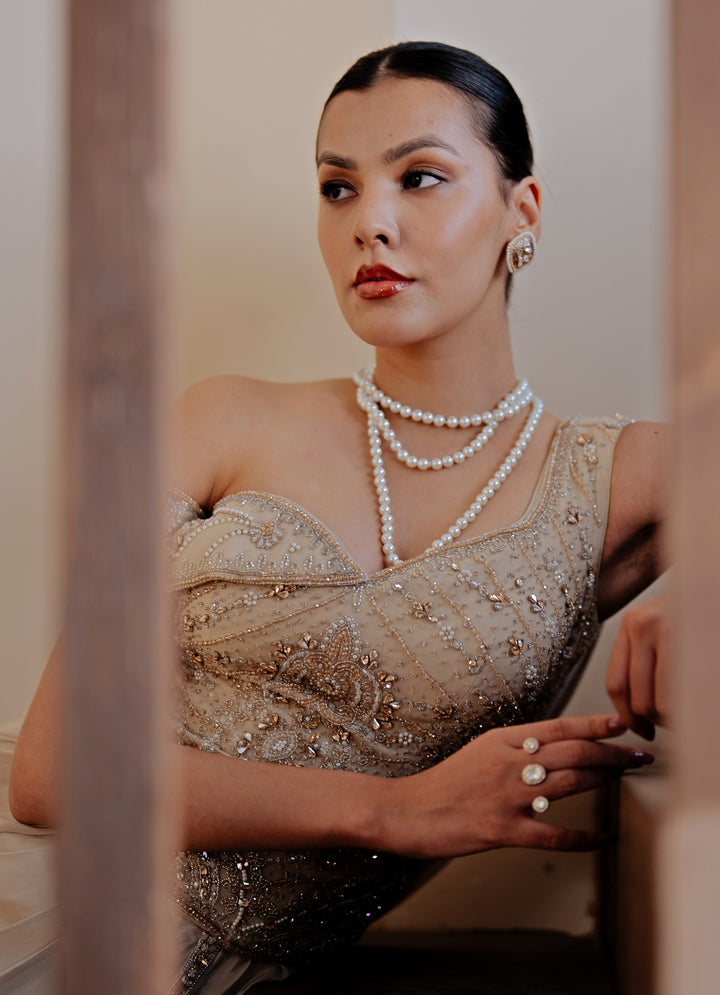 Champagne Gold Crepe Concept Saree With Corset
