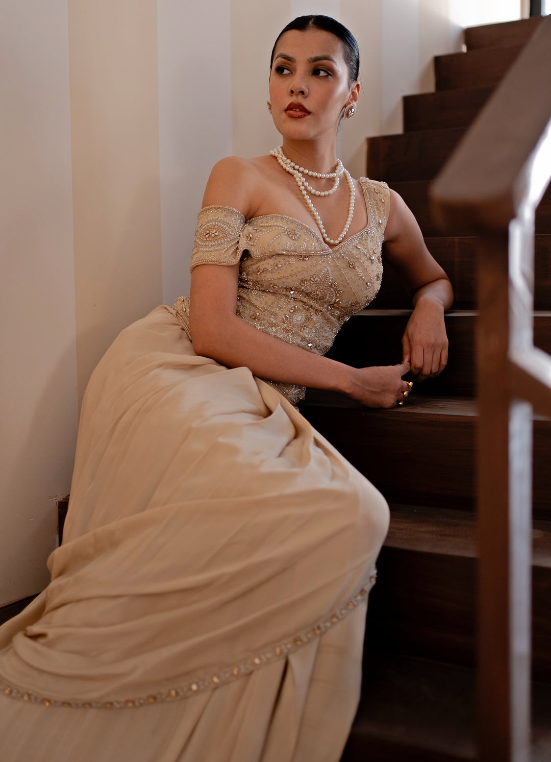Champagne Gold Crepe Concept Saree With Corset