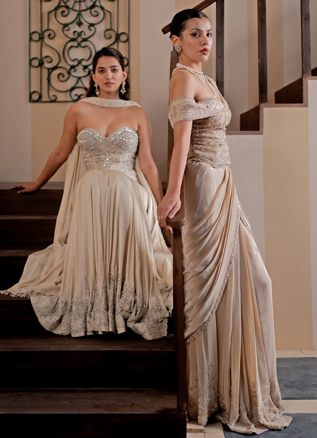 Champagne Gold Crepe Concept Saree With Corset