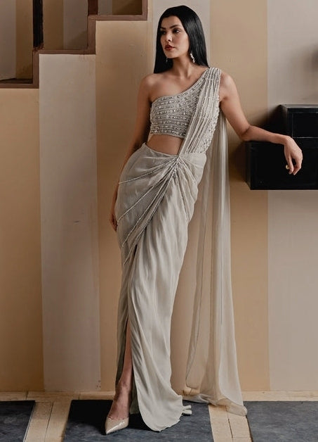 Dusty Silver Organza Slit Concept Saree