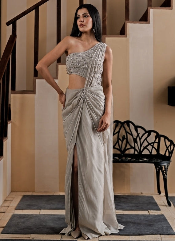 Dusty Silver Organza Slit Concept Saree