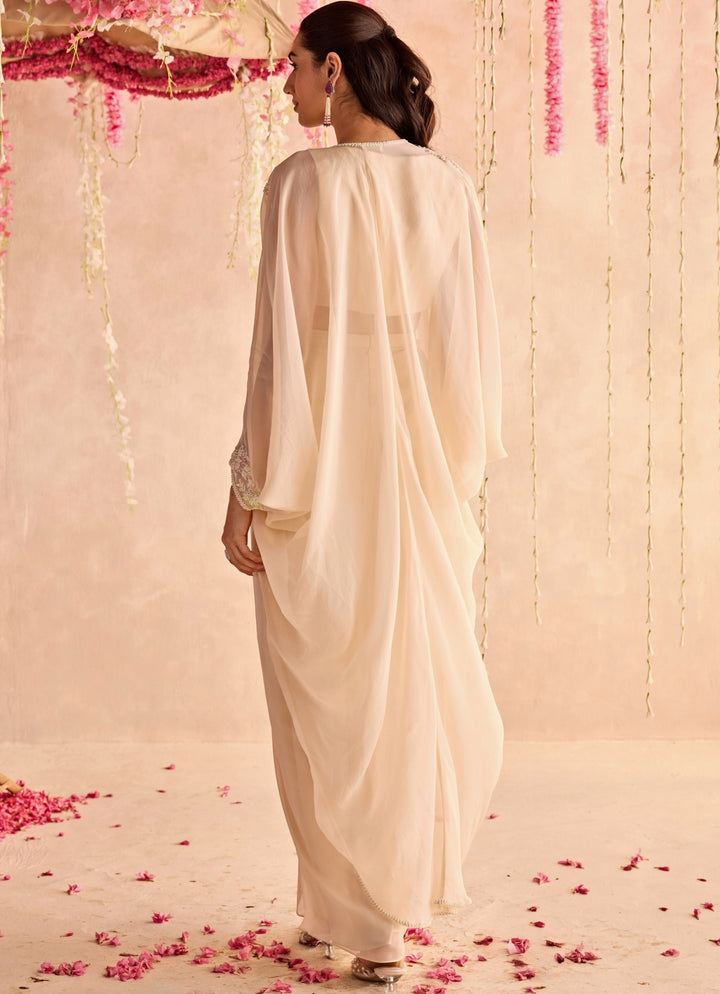 Ivory Embroidered Drape Skirt Set With Cape