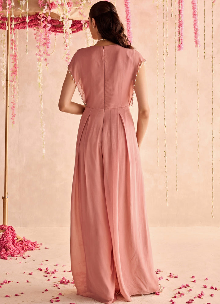 Champagne Pink Embroidered Georgette Jumpsuit
