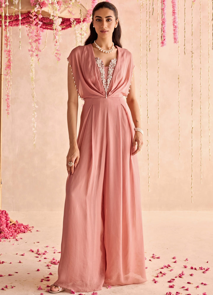 Champagne Pink Embroidered Georgette Jumpsuit