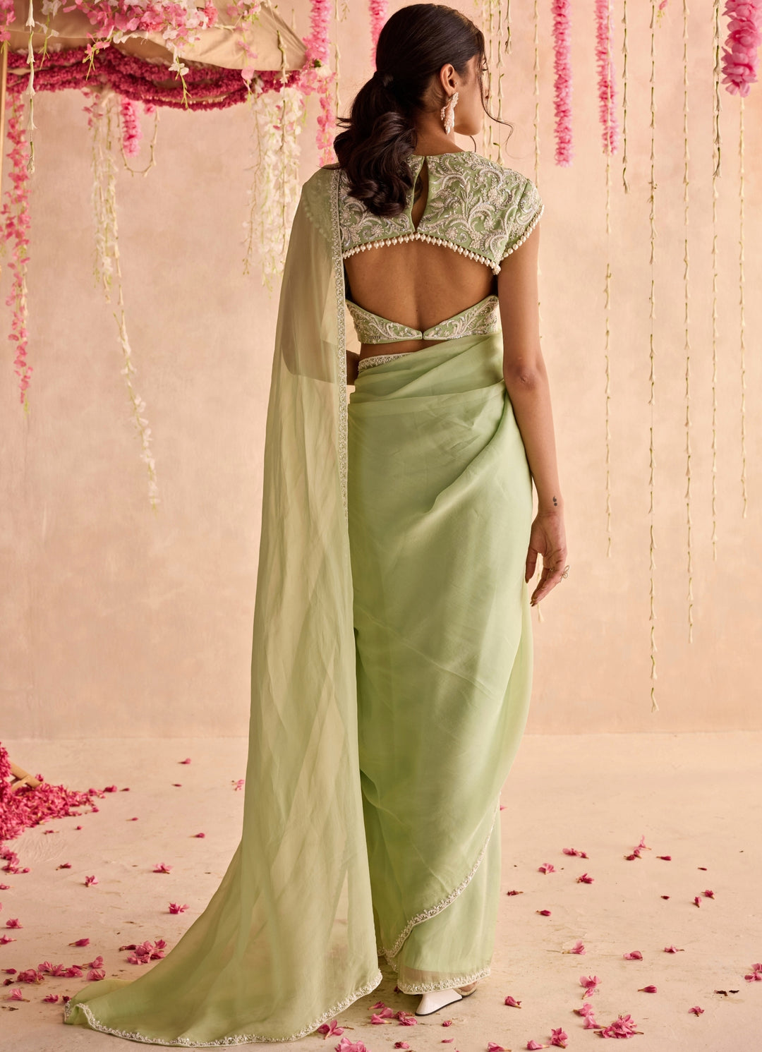 Soft Green Embroidered Pre-Stitched Organza Saree Set
