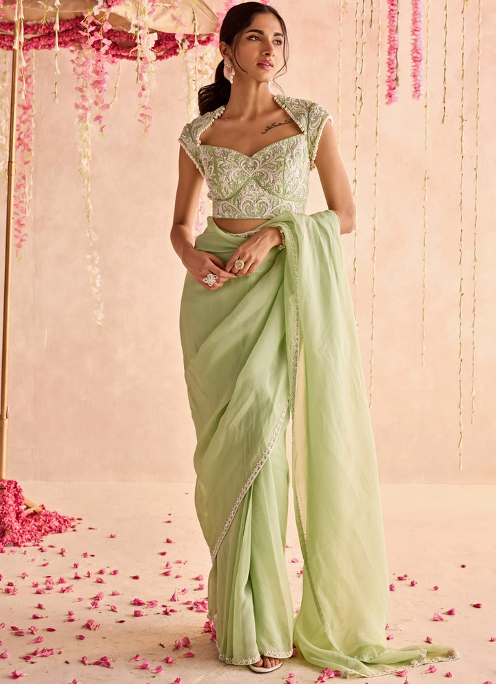 Soft Green Embroidered Pre-Stitched Organza Saree Set