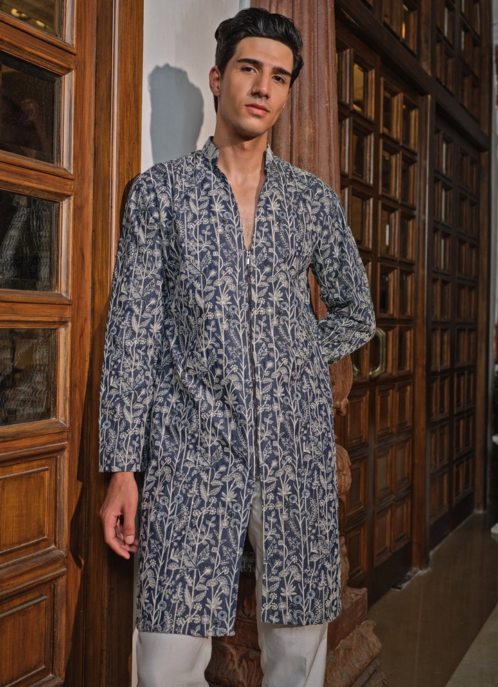 Blue Denim Floral Kurta Set