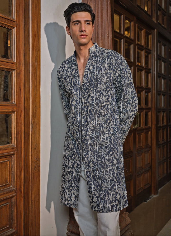 Blue Denim Floral Kurta Set