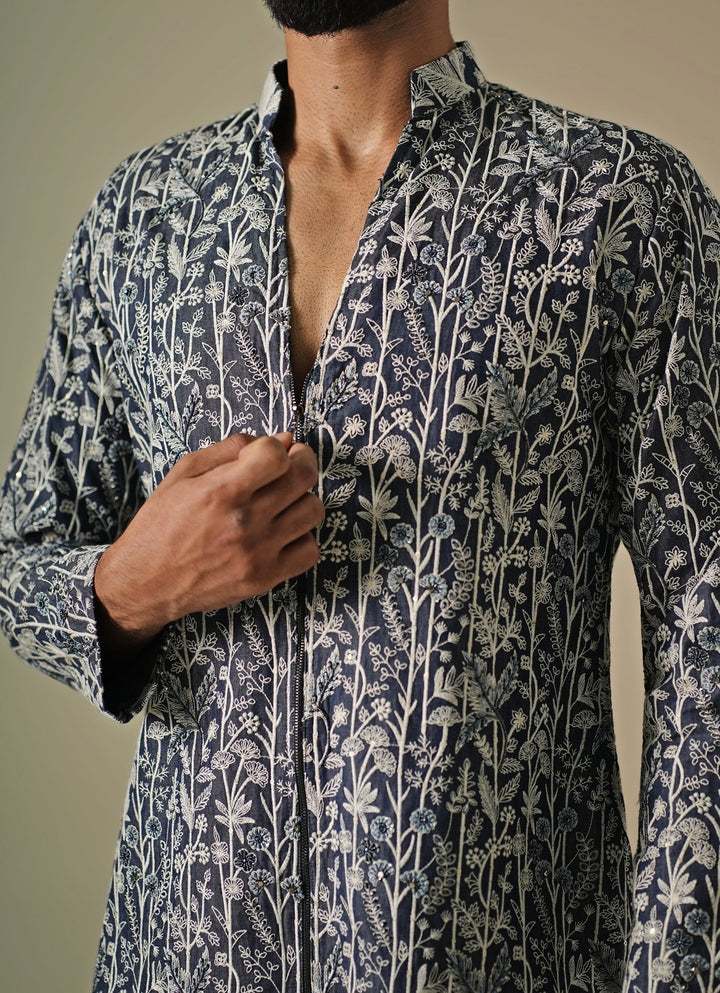 Blue Denim Floral Kurta Set