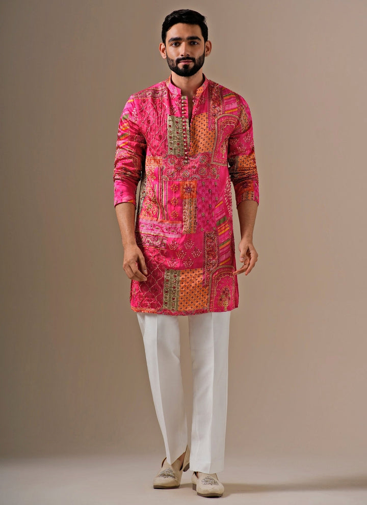 Pink Silk Patchwork Kurta Set