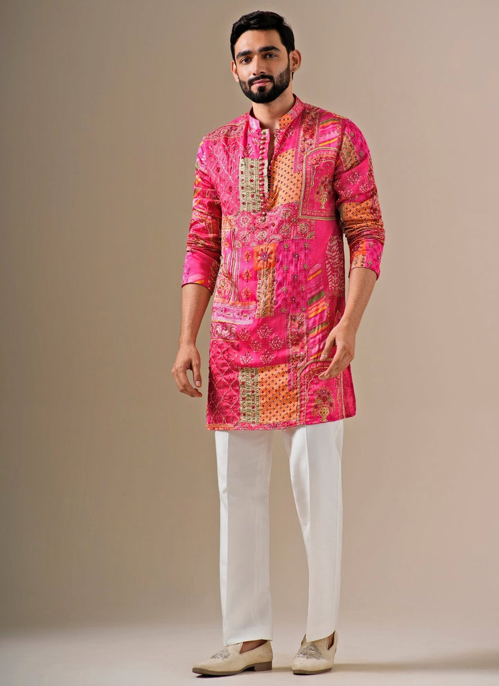 Pink Silk Patchwork Kurta Set