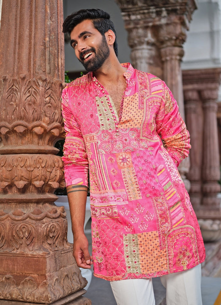 Pink Silk Patchwork Kurta Set