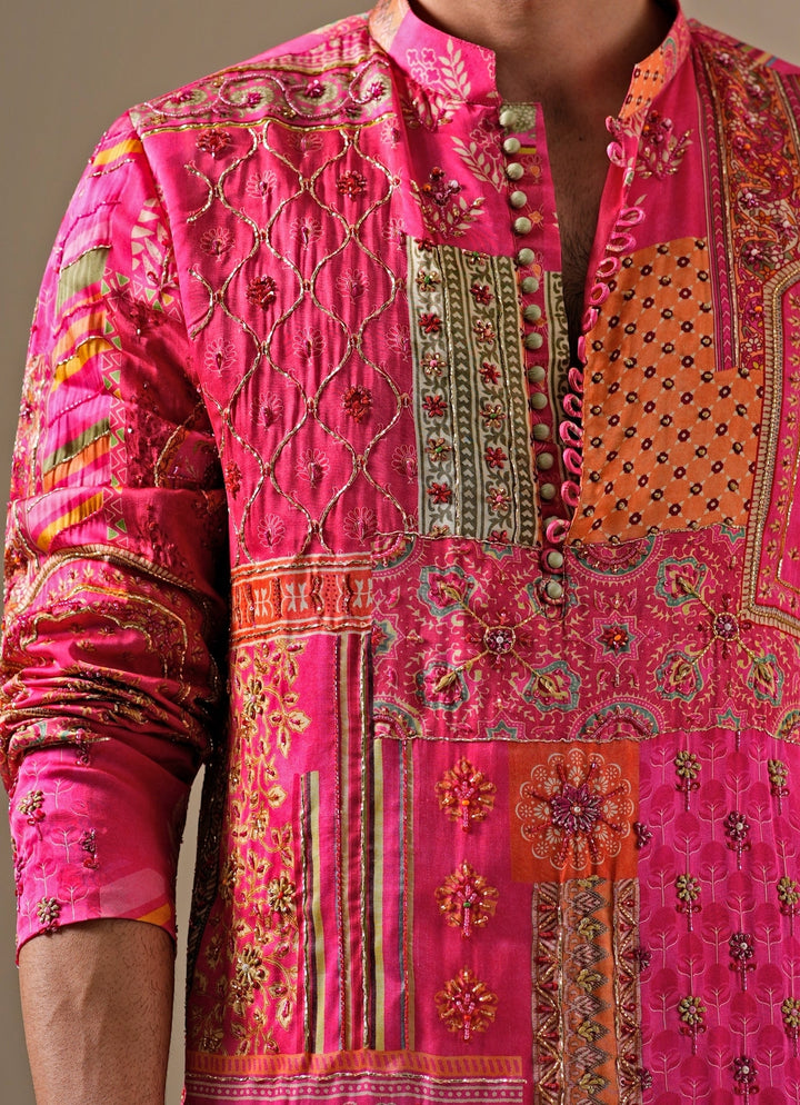 Pink Silk Patchwork Kurta Set