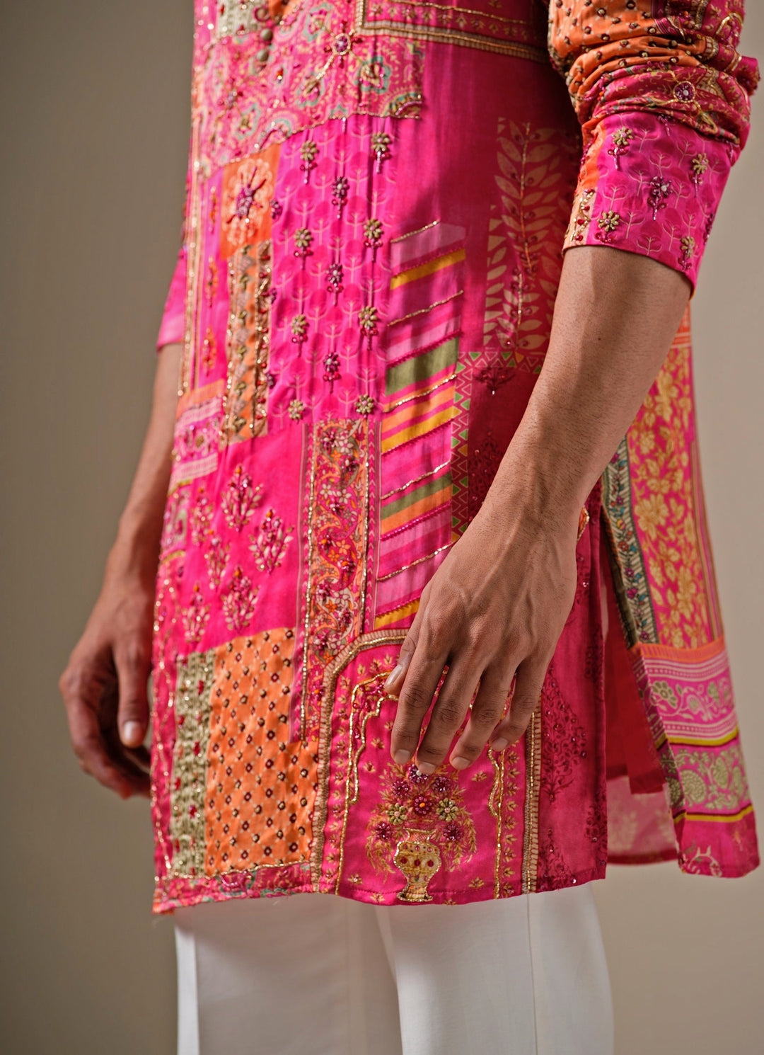 Pink Silk Patchwork Kurta Set