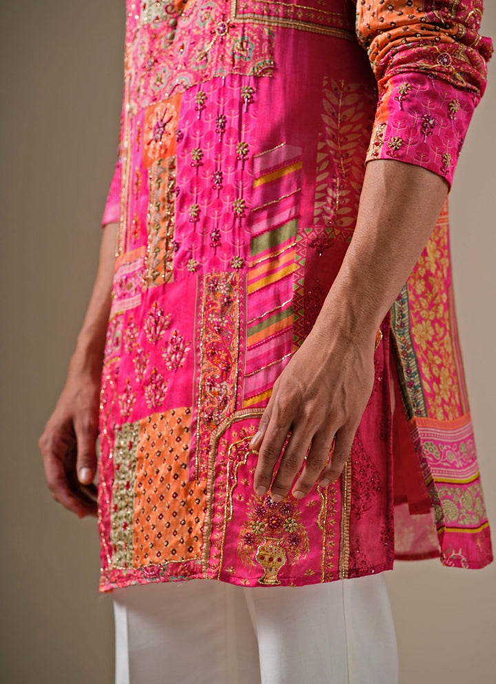 Pink Silk Patchwork Kurta Set