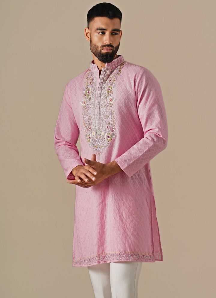 Pastel Pink Cotton Jacquard Kurta Set